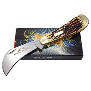 old ram hawkbill pruner knife traditional lock blade folding knife design handle for outdoor, hunting, camping