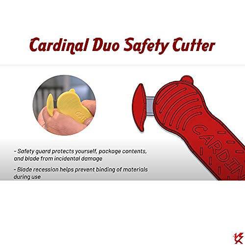 Cardinal Duo Safety Box Cutter, Cardboard, Shrink Wrap, Plastic Banding & Packaging, Film, Seatbelts, Twine, Bags, Zip Ties - Made In USA - Carbon Steel Razor Blade - Disposable/Recyclable (10, Red)