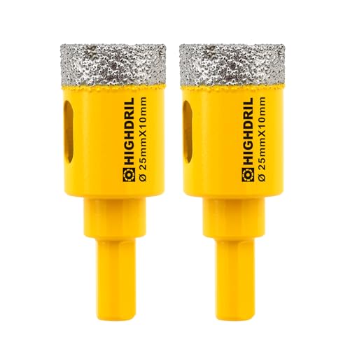 Dry Diamond Core Drill Bit,HIGHDRIL 2pcs Diameter 25mm 1" with Triangle Shank Vacuum Brazed Hole Saw for Concrete Granite Marble Glass Porcelain Tile Masonry Brick