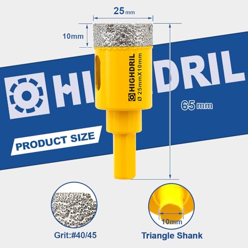 Dry Diamond Core Drill Bit,HIGHDRIL 2pcs Diameter 25mm 1" with Triangle Shank Vacuum Brazed Hole Saw for Concrete Granite Marble Glass Porcelain Tile Masonry Brick