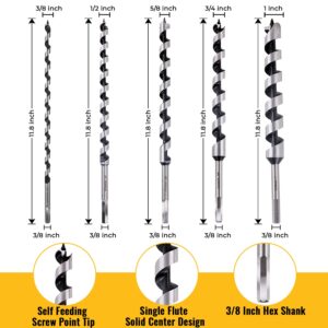 SOMADA Long Auger Drill Bit Set for Wood -5 Pcs, 3/8-Inch, 1/2-Inch, 5/8-Inch, 3/4-Inch, and 1-Inch Diameter with 12-Inch Long Hex Shank, Ship Auger Bit Set