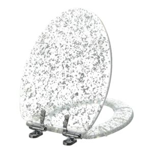 Resin Toilet Seat Elongated Soft Close Quick Release Heavy Duty Toilet Seats with Glitter Cover Acrylic Seats Silver Foil 19 Inch