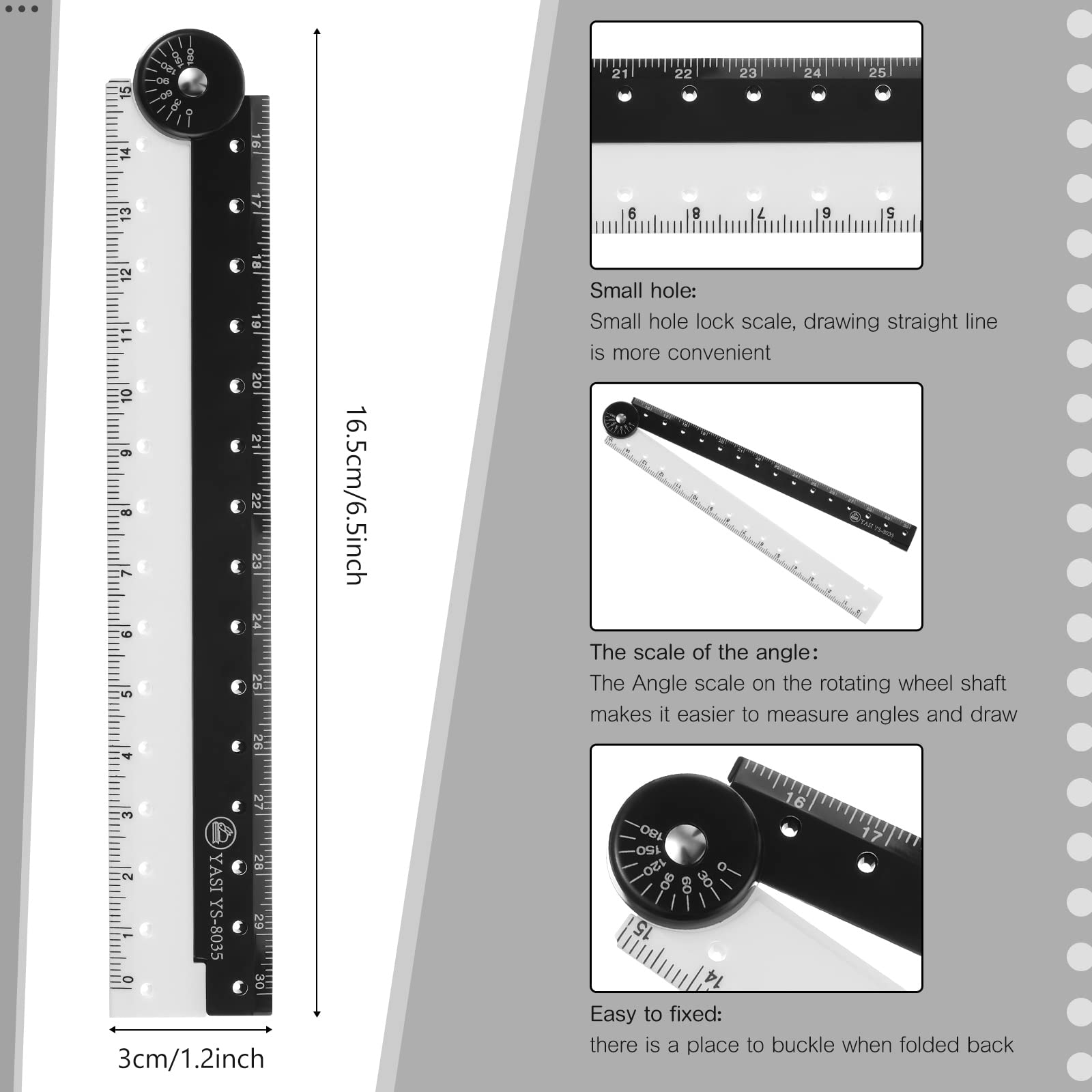 12 Inch Folding Ruler,Multi Acrylic Folding Ruler Angle Measurement Ruler Clear Flexible Black and White Rulers Adjustable Geometry Measuring Ruler for Drawing and Measuring Tools