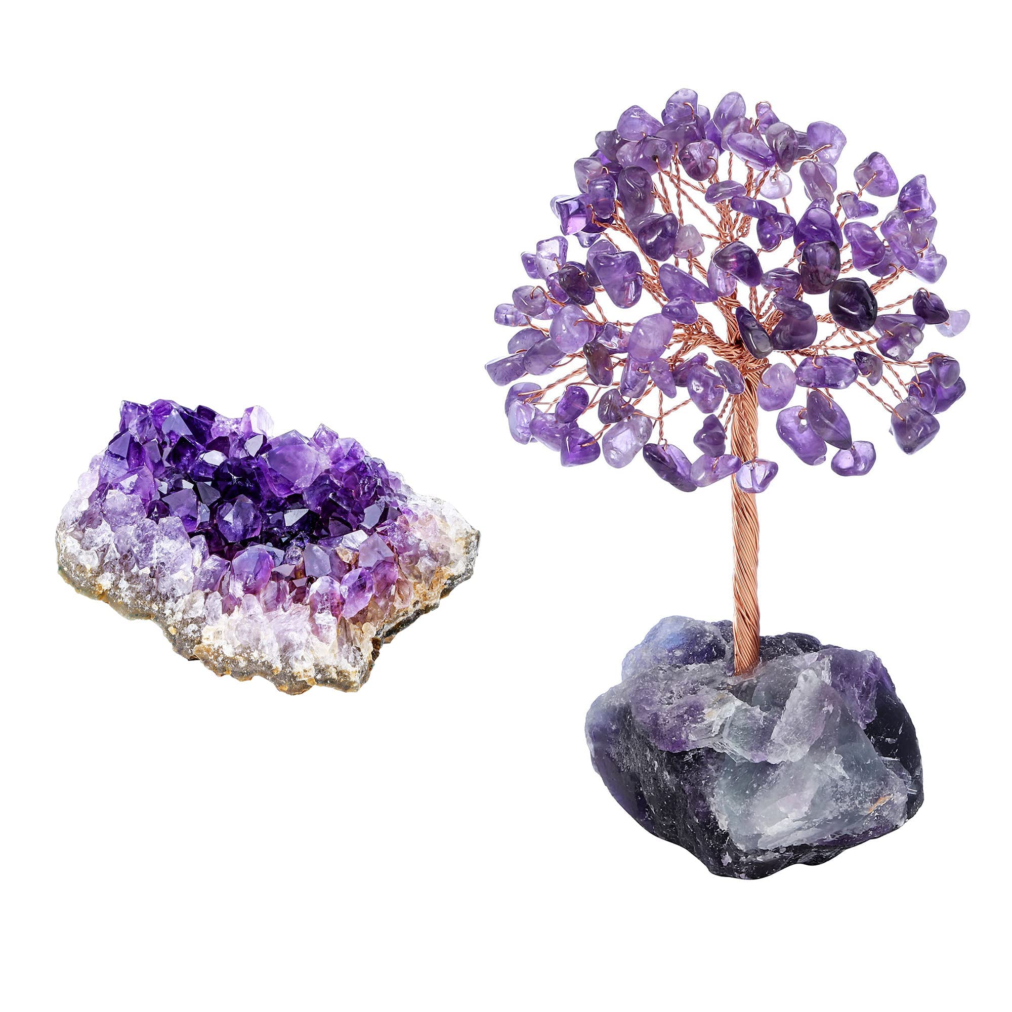 Jovivi Bundle - 2 Items Amethyst Clusters Natural Raw Geode Healng Crystals Stone + Amethyst Crystal Tree Raw Healing Crystals Fluorite Base Bonsai