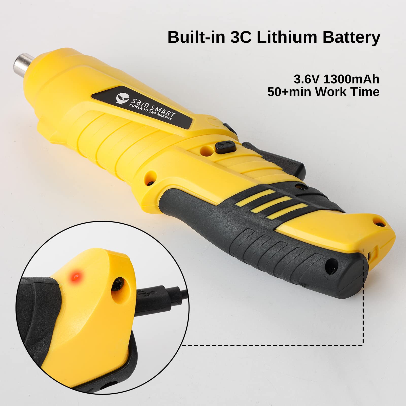 SainSmart Cordless Electric Screwdriver with Rechargeable 3.6v Lithium Battery and 1/4” Hex Chuck, Includes 45pcs Bits, 1 Extension Rod and 1 USB Cable