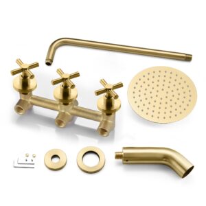 SUMERAIN 3 Handle Tub Shower Faucet Set with Waterfall Tub Spout and 3-Cross Handles, Wall Mounted Rainfall Bathtub Shower Faucet Brushed Gold