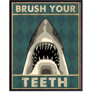 Boys Bathroom Wall Art & Decor - Brush Your Teeth Kids Bathroom Decor - Beach Bathroom Decor - Funny Shark Bathroom Decor - Bath Wall Decor - Unique Restroom Sign - Bathroom Pictures Poster Prints