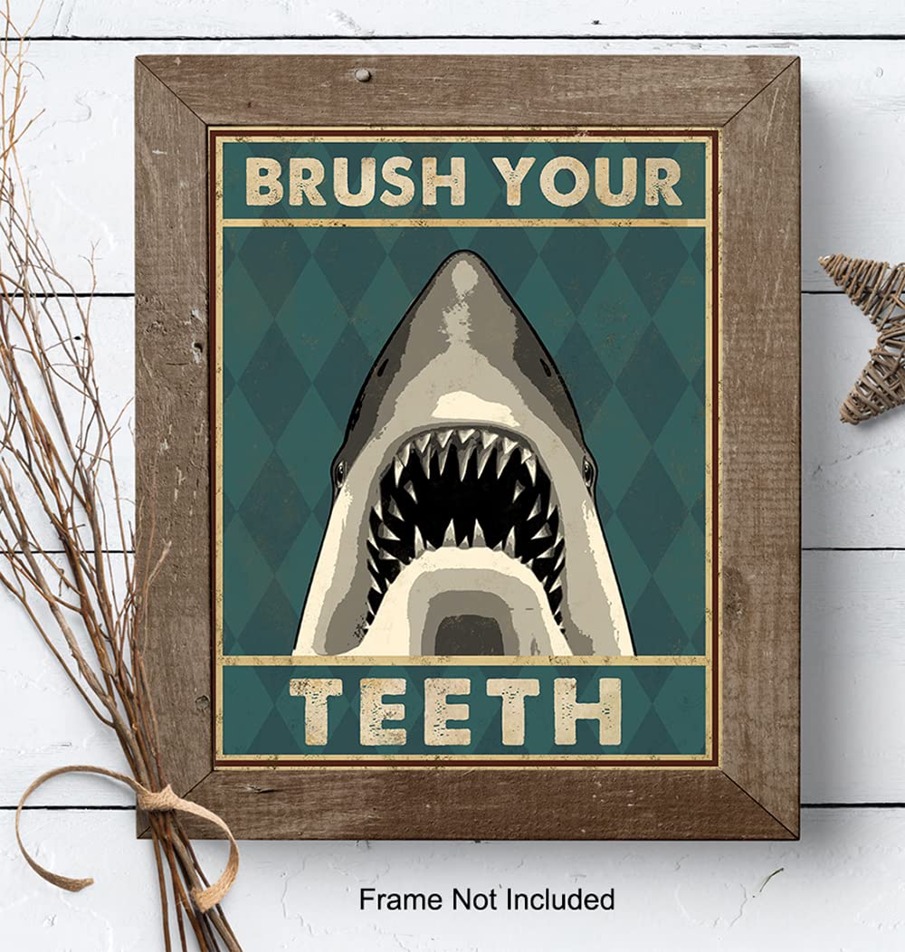 Boys Bathroom Wall Art & Decor - Brush Your Teeth Kids Bathroom Decor - Beach Bathroom Decor - Funny Shark Bathroom Decor - Bath Wall Decor - Unique Restroom Sign - Bathroom Pictures Poster Prints