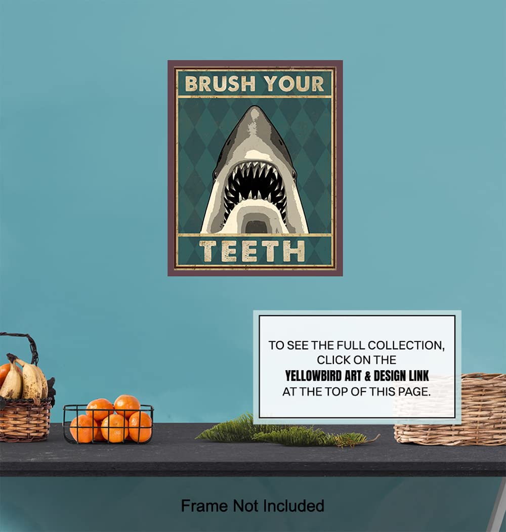 Boys Bathroom Wall Art & Decor - Brush Your Teeth Kids Bathroom Decor - Beach Bathroom Decor - Funny Shark Bathroom Decor - Bath Wall Decor - Unique Restroom Sign - Bathroom Pictures Poster Prints