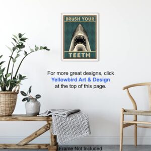 Boys Bathroom Wall Art & Decor - Brush Your Teeth Kids Bathroom Decor - Beach Bathroom Decor - Funny Shark Bathroom Decor - Bath Wall Decor - Unique Restroom Sign - Bathroom Pictures Poster Prints