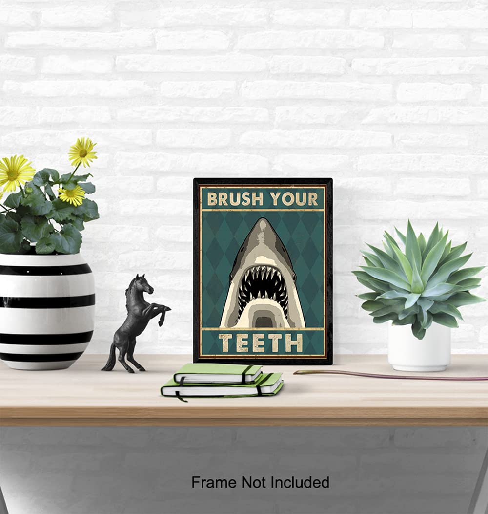 Boys Bathroom Wall Art & Decor - Brush Your Teeth Kids Bathroom Decor - Beach Bathroom Decor - Funny Shark Bathroom Decor - Bath Wall Decor - Unique Restroom Sign - Bathroom Pictures Poster Prints