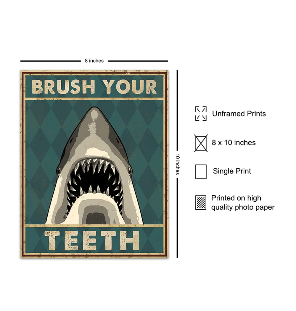 Boys Bathroom Wall Art & Decor - Brush Your Teeth Kids Bathroom Decor - Beach Bathroom Decor - Funny Shark Bathroom Decor - Bath Wall Decor - Unique Restroom Sign - Bathroom Pictures Poster Prints