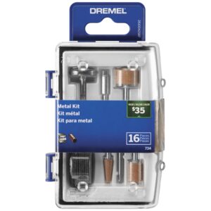 dremel 734-01 metal cutting rotary tool accessories kit - 16 piece set - includes engraving bit, grinding stones, and carbon steel brush, blue