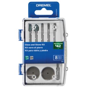 dremel 735-01 glass etching rotary tool accessories kit - 8 piece set - includes grinding stones, polishing disc, and diamond drill bit, blue