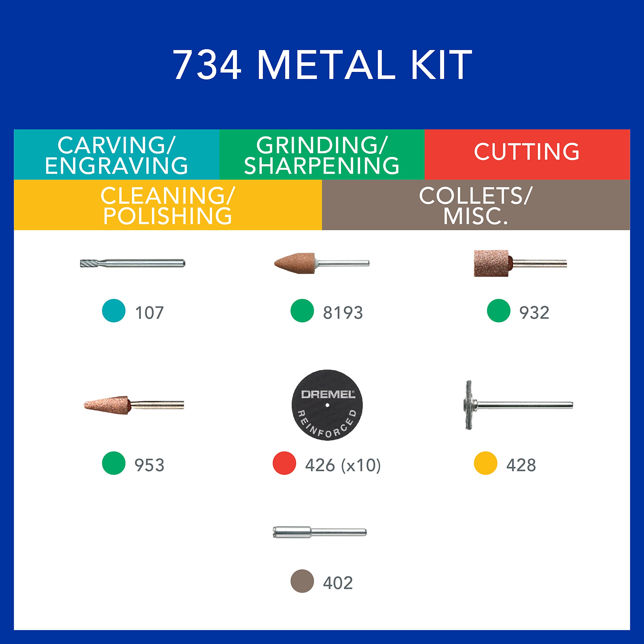 Dremel 734-01 Metal Cutting Rotary Tool Accessories Kit - 16 Piece Set - Includes Engraving Bit, Grinding Stones, and Carbon Steel Brush, Blue