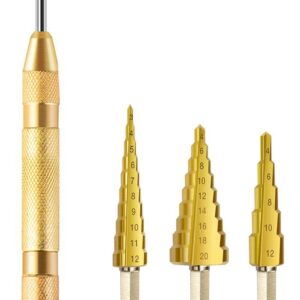 Step Drill Bit Set for Metal, 1/4inch High Speed Steel Titanium Coated Metric Straight Groove Step Drill Bits Set with Automatic Spring Loaded Center Punch Power Tools