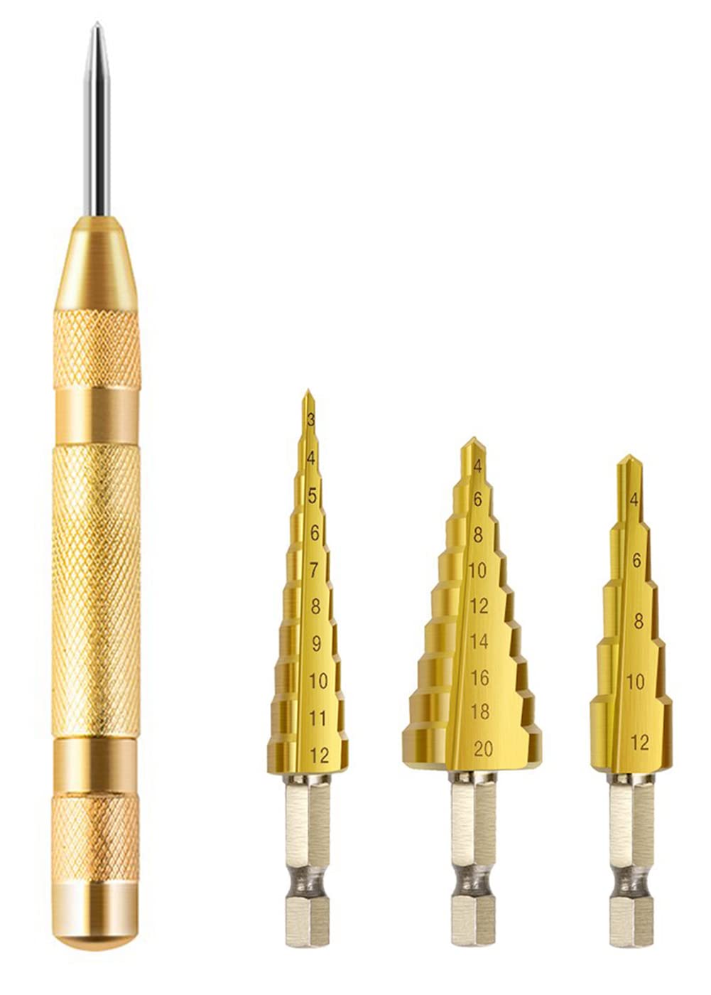 Step Drill Bit Set for Metal, 1/4inch High Speed Steel Titanium Coated Metric Straight Groove Step Drill Bits Set with Automatic Spring Loaded Center Punch Power Tools