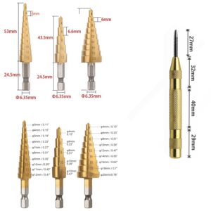 Step Drill Bit Set for Metal, 1/4inch High Speed Steel Titanium Coated Metric Straight Groove Step Drill Bits Set with Automatic Spring Loaded Center Punch Power Tools