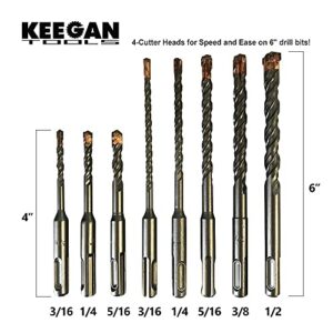 KEEGAN TOOLS 8-Piece SDS-Plus Professional Drill Bit Set with 4-Cutter Heads, Carbide Tips, SDS Rotary Hammer Drill Bit Set, Use on Concrete, Cement, Stone, Brick, Other Masonry Materials