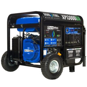 duromax xp13000dx 13,000-watt/10,500-watt 500cc portable dual fuel portable generator w/co alert, black/blue