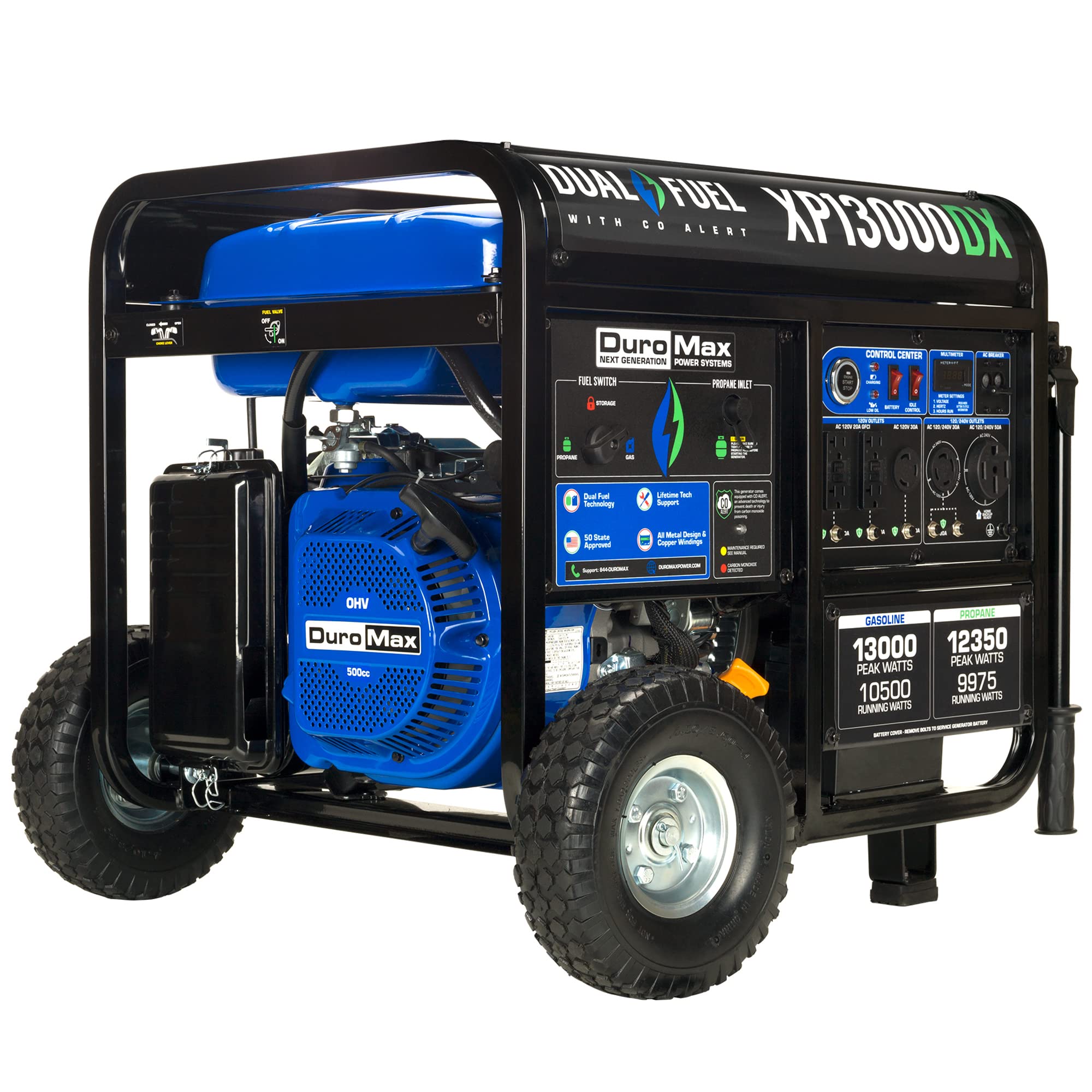 DuroMax XP13000DX 13,000-Watt/10,500-Watt 500cc Portable Dual Fuel Portable Generator w/CO Alert, Black/Blue