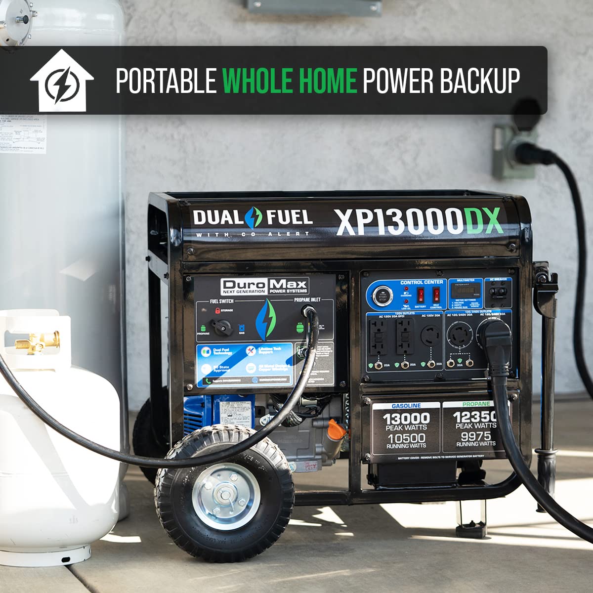 DuroMax XP13000DX 13,000-Watt/10,500-Watt 500cc Portable Dual Fuel Portable Generator w/CO Alert, Black/Blue