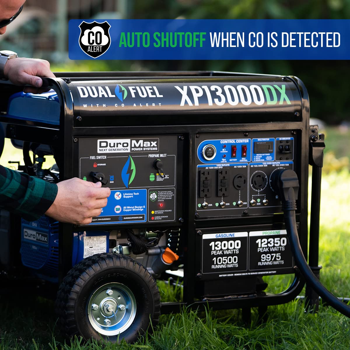 DuroMax XP13000DX 13,000-Watt/10,500-Watt 500cc Portable Dual Fuel Portable Generator w/CO Alert, Black/Blue