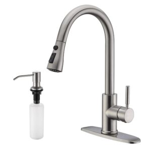 wewe single handle high arc brushed nickel pull out kitchen faucet,single level stainless steel kitchen sink faucets with pull down sprayer with soap dispense
