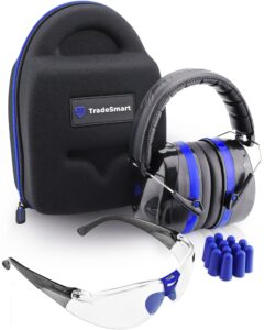 tradesmart all-in-one shooting ear protection & range glasses, 5 earplugs & hard case - ideal shooter's gift for him and her
