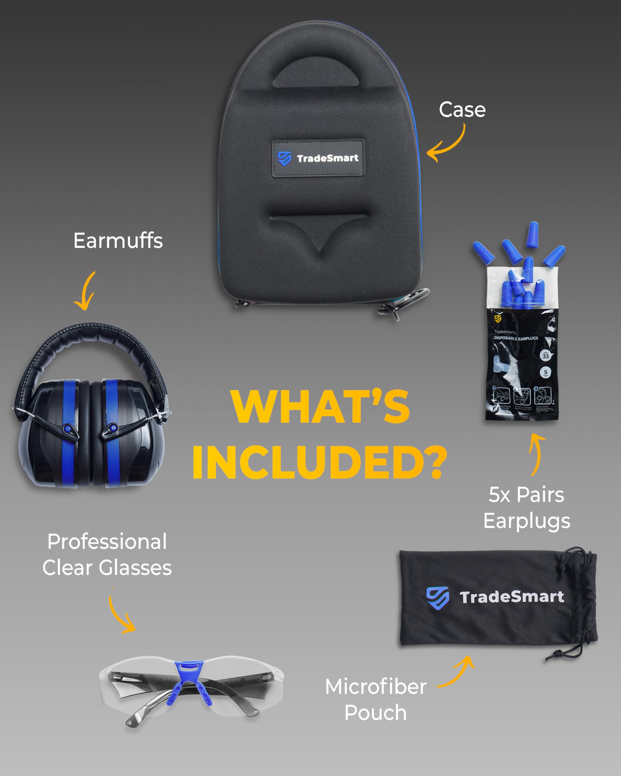 TradeSmart All-in-One Shooting Ear Protection & Range Glasses, 5 Earplugs & Hard Case - Ideal Shooter's Gift for Him and Her