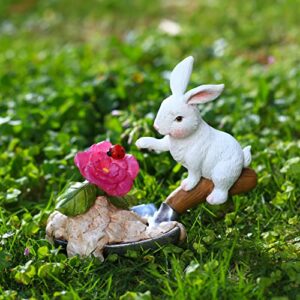 togyeuk garden statue - resin rabbit figurine playing flower with forklift solar led lights, garden decor for patio yard lawn easter bunny decorations for family, outdoor ornament gifts