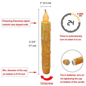 CVHOMEDECO. Real Wax Hand Dipped Battery Operated LED Timer Taper Candles Rustic Primitive Flameless Lights Decor, 6-3/4 Inch, Orange, 2 PCS in a Package