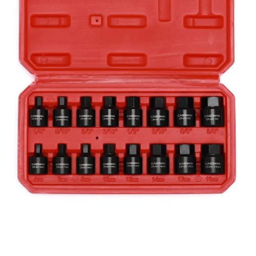 CASOMAN 16 Piece 3/8 Inch Drive Low Profile Impact Hex Driver Set, Cr-Mo, 1/4"-3/4", 6mm-19mm, Impact SAE and Metric Hex Bit Socket Set