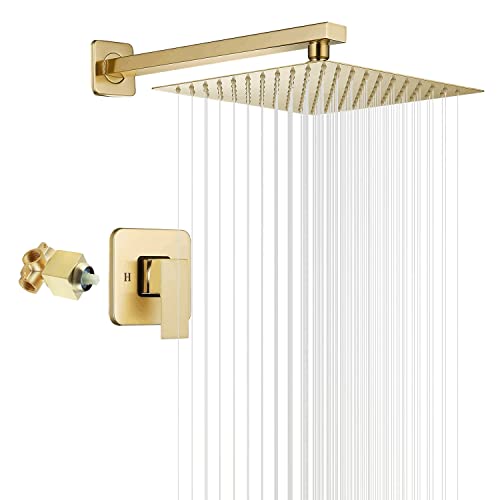 Brushed Gold Shower Faucet GGStudy Single Function Shower Trim Kit with Rough-in Valve Shower Set Bath Rainfall Shower Faucet System 10 inch Square Stainless Steel Metal Shower Head