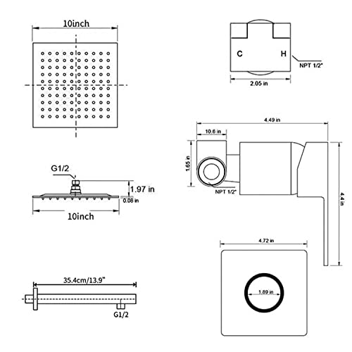 Brushed Gold Shower Faucet GGStudy Single Function Shower Trim Kit with Rough-in Valve Shower Set Bath Rainfall Shower Faucet System 10 inch Square Stainless Steel Metal Shower Head
