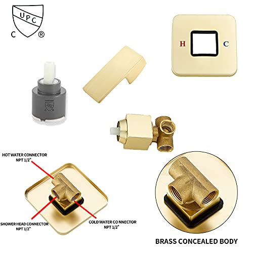 Brushed Gold Shower Faucet GGStudy Single Function Shower Trim Kit with Rough-in Valve Shower Set Bath Rainfall Shower Faucet System 10 inch Square Stainless Steel Metal Shower Head