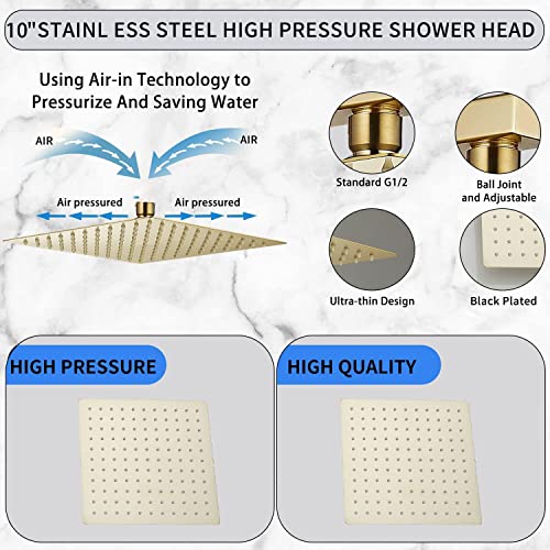 Brushed Gold Shower Faucet GGStudy Single Function Shower Trim Kit with Rough-in Valve Shower Set Bath Rainfall Shower Faucet System 10 inch Square Stainless Steel Metal Shower Head