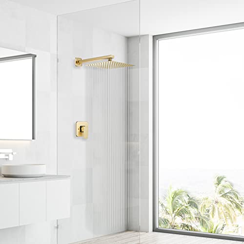 Brushed Gold Shower Faucet GGStudy Single Function Shower Trim Kit with Rough-in Valve Shower Set Bath Rainfall Shower Faucet System 10 inch Square Stainless Steel Metal Shower Head