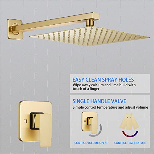 Brushed Gold Shower Faucet GGStudy Single Function Shower Trim Kit with Rough-in Valve Shower Set Bath Rainfall Shower Faucet System 10 inch Square Stainless Steel Metal Shower Head