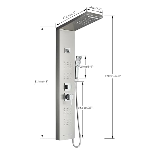 YAGATAP LED Shower Panel Tower System,Bathroom 6-Function Shower Tower,Rain Massage Full Body Shower System with Jets,Hydroelectricity Display LED Rainfall Waterfall Shower Head Brushed Nickel