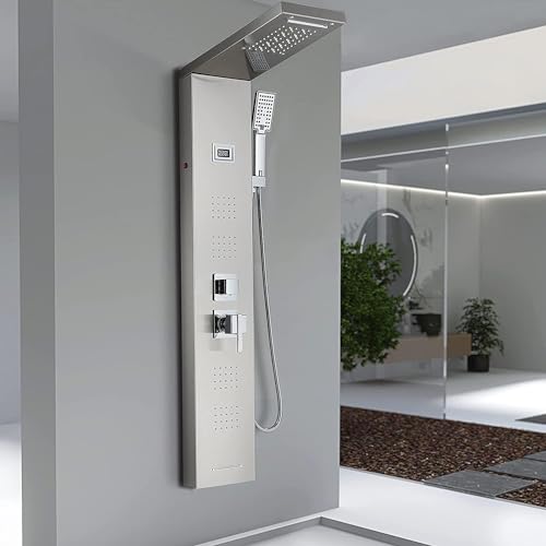 YAGATAP LED Shower Panel Tower System,Bathroom 6-Function Shower Tower,Rain Massage Full Body Shower System with Jets,Hydroelectricity Display LED Rainfall Waterfall Shower Head Brushed Nickel