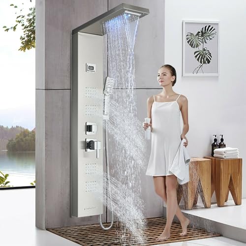 YAGATAP LED Shower Panel Tower System,Bathroom 6-Function Shower Tower,Rain Massage Full Body Shower System with Jets,Hydroelectricity Display LED Rainfall Waterfall Shower Head Brushed Nickel