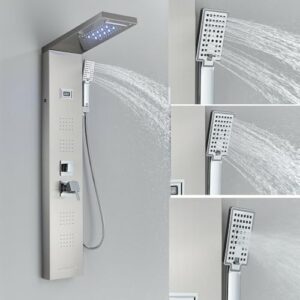 YAGATAP LED Shower Panel Tower System,Bathroom 6-Function Shower Tower,Rain Massage Full Body Shower System with Jets,Hydroelectricity Display LED Rainfall Waterfall Shower Head Brushed Nickel