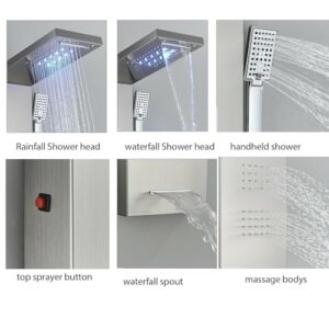 YAGATAP LED Shower Panel Tower System,Bathroom 6-Function Shower Tower,Rain Massage Full Body Shower System with Jets,Hydroelectricity Display LED Rainfall Waterfall Shower Head Brushed Nickel