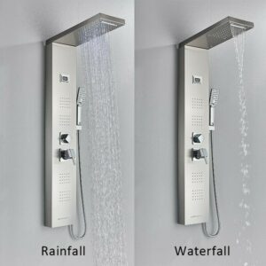 YAGATAP LED Shower Panel Tower System,Bathroom 6-Function Shower Tower,Rain Massage Full Body Shower System with Jets,Hydroelectricity Display LED Rainfall Waterfall Shower Head Brushed Nickel