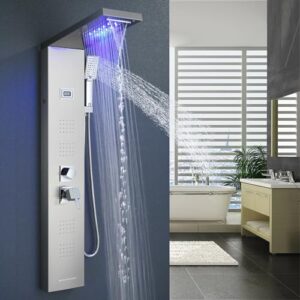 YAGATAP LED Shower Panel Tower System,Bathroom 6-Function Shower Tower,Rain Massage Full Body Shower System with Jets,Hydroelectricity Display LED Rainfall Waterfall Shower Head Brushed Nickel