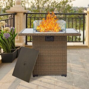 kinsunny outdoor square propane gas fire pit table, 30" fire pit table brown firepits for outside patio with cover,blue fire glass