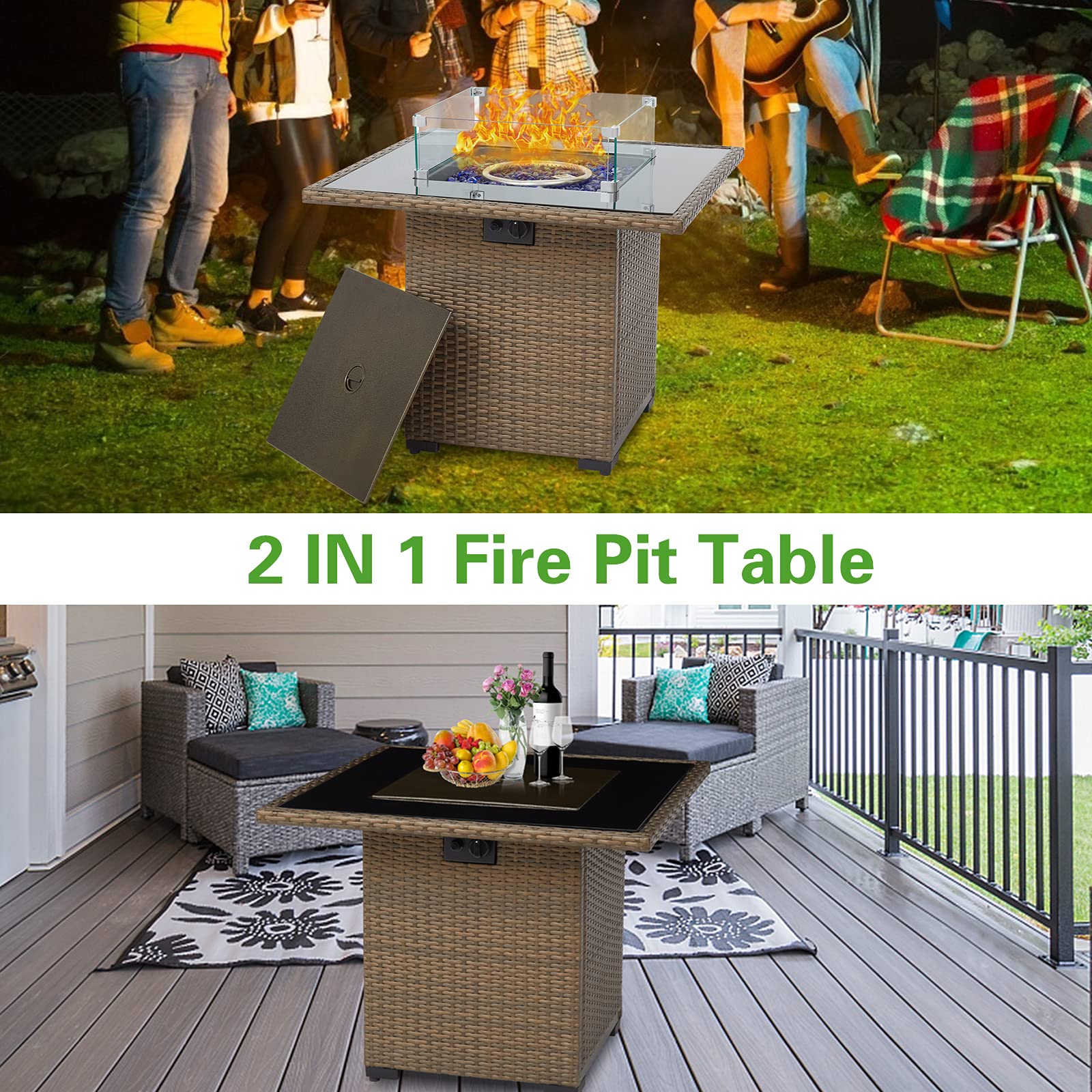 Kinsunny Outdoor Square Propane Gas Fire Pit Table, 30" Fire Pit Table Brown Firepits for Outside Patio with Cover,Blue Fire Glass