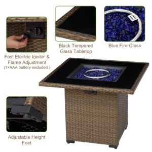 Kinsunny Outdoor Square Propane Gas Fire Pit Table, 30" Fire Pit Table Brown Firepits for Outside Patio with Cover,Blue Fire Glass