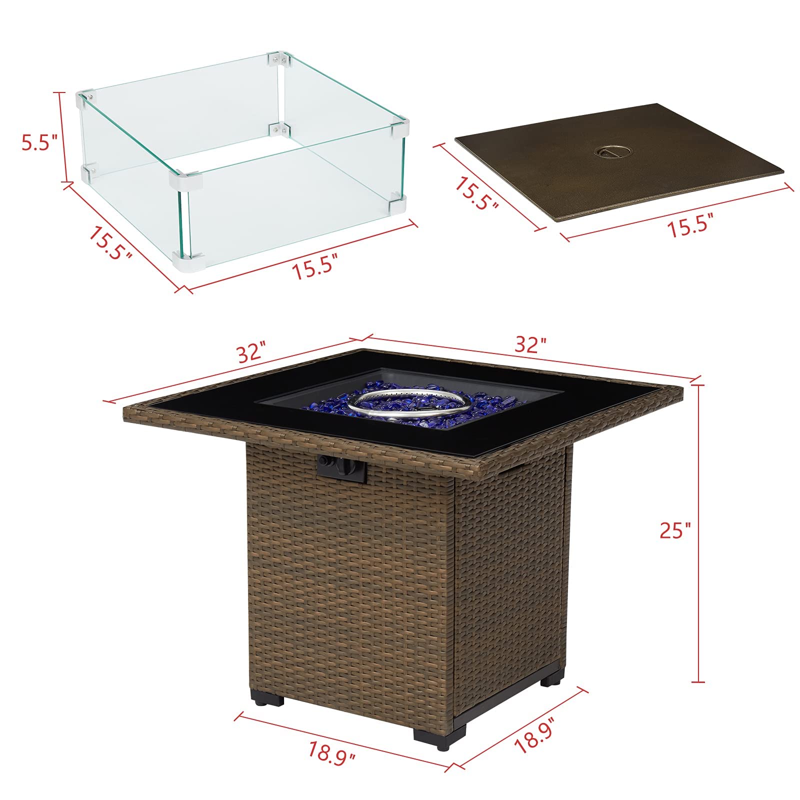 Kinsunny Outdoor Square Propane Gas Fire Pit Table, 30" Fire Pit Table Brown Firepits for Outside Patio with Cover,Blue Fire Glass